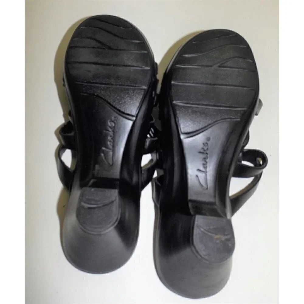 Clarks Bendables 6m black leather strappy slip-on sandals medium heel